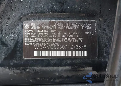 2007 BMW 328I from USA, damaged, VIN WBAVC53507FZ72378